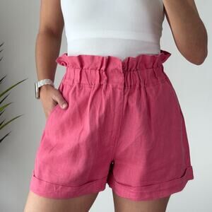 Posse Linen Shorts Womens Small Pink Ducky High Waisted Pleated Elastic Waist